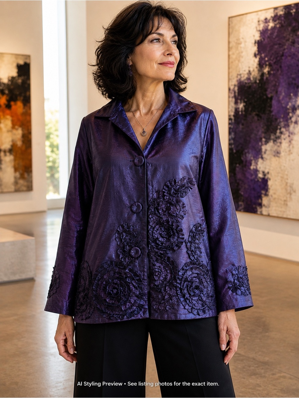 Jessica Purple Floral Appliqué Jacket L XL Wearable Art Evening
